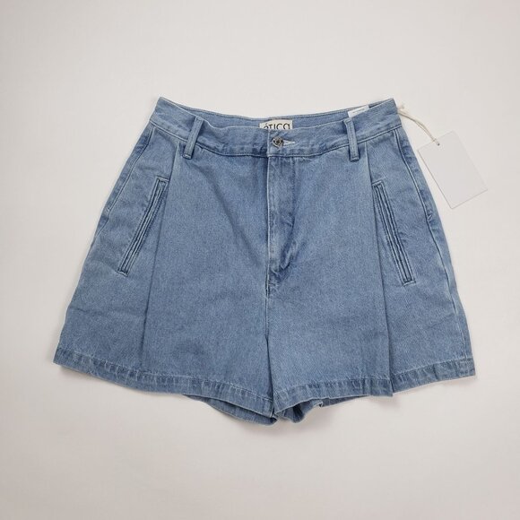Etica Max Pleated High-Waist Denim Shorts Womens Sz 29 Ethereal Blue 100% Cotton - Picture 15 of 16